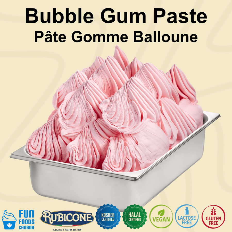Pink Bubble Gum Ice Cream Gelato in a wide stainless steel gelato pan with a beige background and Fun Foods Canada and Rubicone branding. Certification badges can also be seen at the bottom reading: Kosher Certified, Halal Certified, Vegan, Lactose-free and Gluten-free. 