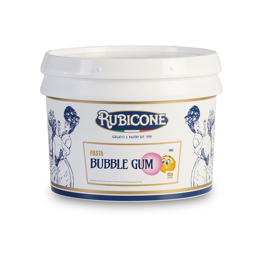 3 KG bucket of Rubicone Pink bubble gum classic gelato paste on a white background