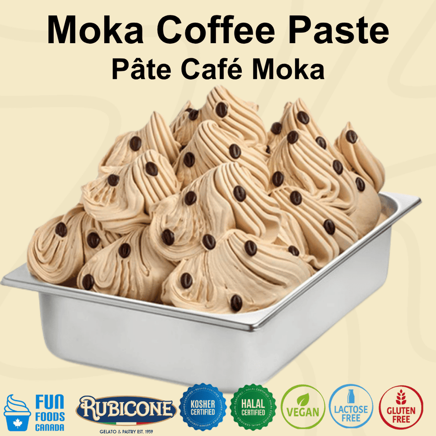 Moka Coffee gelato in a wide gelato pan and garnished with coffee beans. Moka Coffee Paste text and Fun Foods Canada and Rubicone brand logos on a light beige background. Certification badges can also be seen along the bottom reading: Kosher certified, Halal certified, vegan, lactose-free, and gluten-free. 