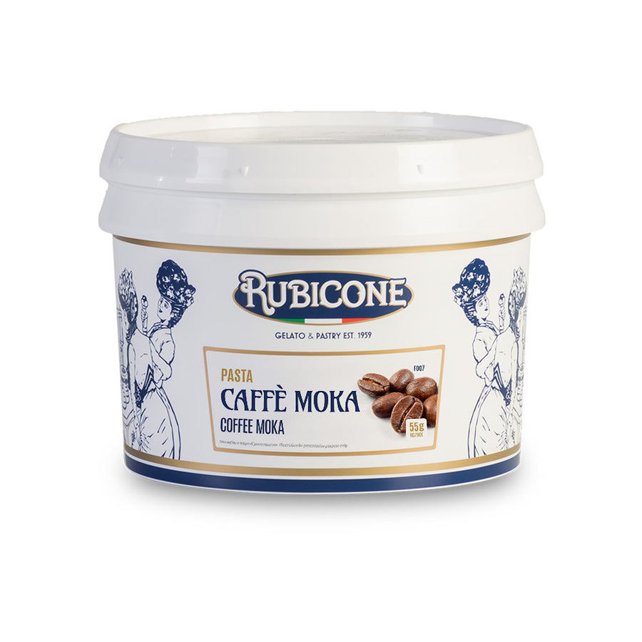 3 KG bucket of Rubicone Coffee Moka classic gelato paste on a white background