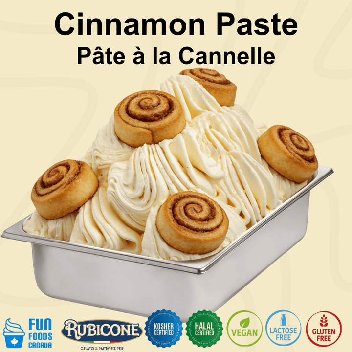 Cinnamon gelato in a wide stainless steel gelato pan topped with cinnamon rolls on a light beige background with Fun Foods Canada and Rubicone brand logos. Also certification badges reading Kosher Certified, Halal Certified, Vegan, Lactose-free, and Gluten-free