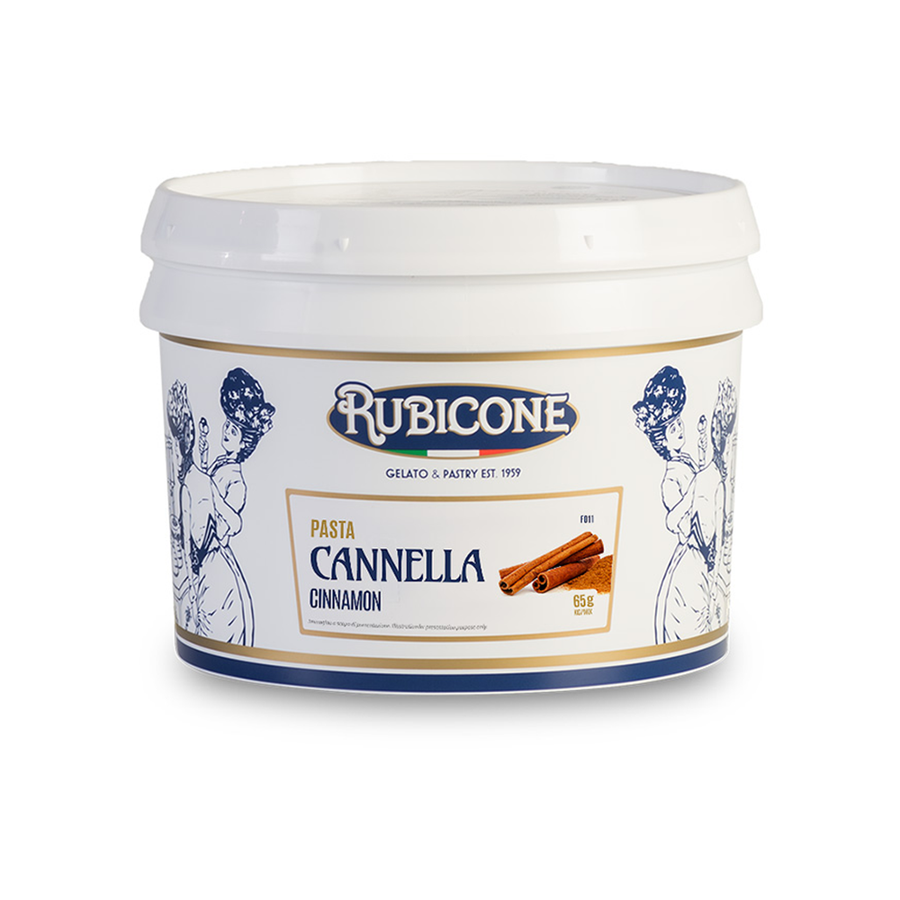 3 KG bucket of Rubicone cinnamon classic gelato paste on a white background by Rubicone Canada - Canadian distributor of Rubicone products