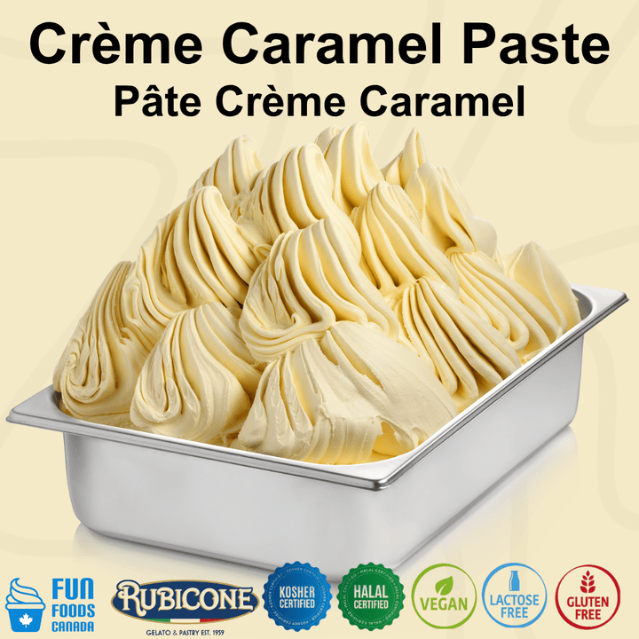 Creme Caramel gelato in a wide gelato pan with Rubicone and Fun Foods Canada brand logo and certification badges reading: Kosher certified, Halal certified, vegan, lactose-free, and gluten-free