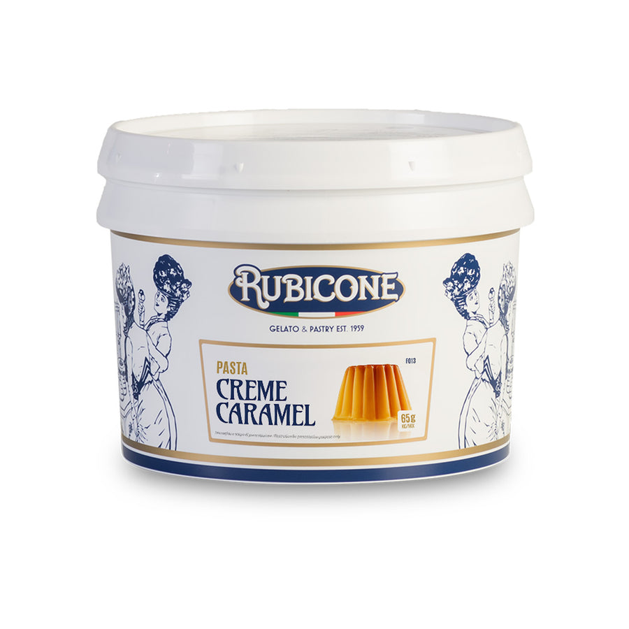 3 KG jar of Rubicone F013 Creme Caramel classic gelato paste on a white background