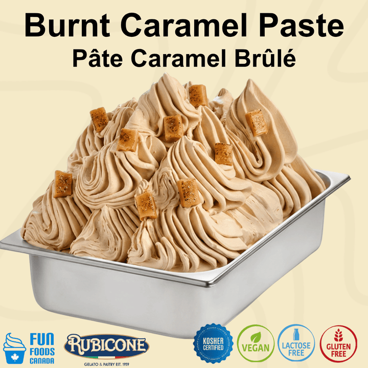 A metal tub filled with swirled burnt caramel gelato, topped with small caramel pieces, on a pale beige background with large text reading 'Burnt Caramel Paste' and Fun Foods Canada and Rubicone Branding and certification badges reading: Kosher Certified, Vegan, Lactose-free, and Gluten-free