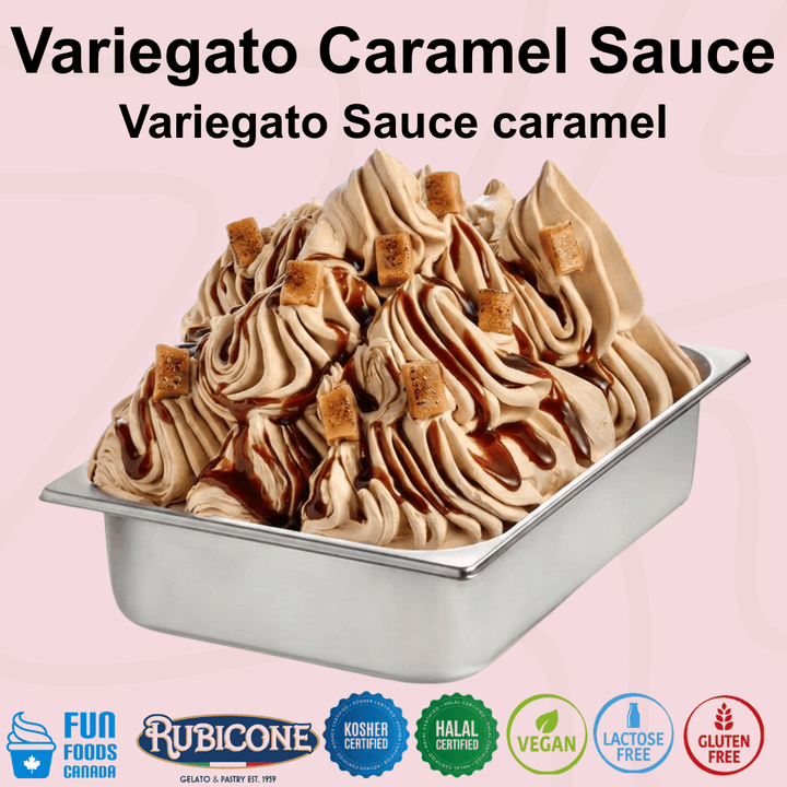 Rubicone Variegato Caramel Sauce gelato variegate featuring rich, smooth caramel sauce. Ideal for gelato, ice cream, frozen yogurt and desserts. Kosher, Halal, vegan, lactose free and gluten free.