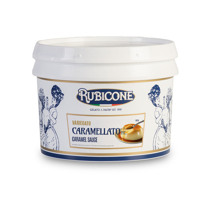 3 KG bucket of Rubicone Caramel Sauce - Variegato Caramellato - on a white background