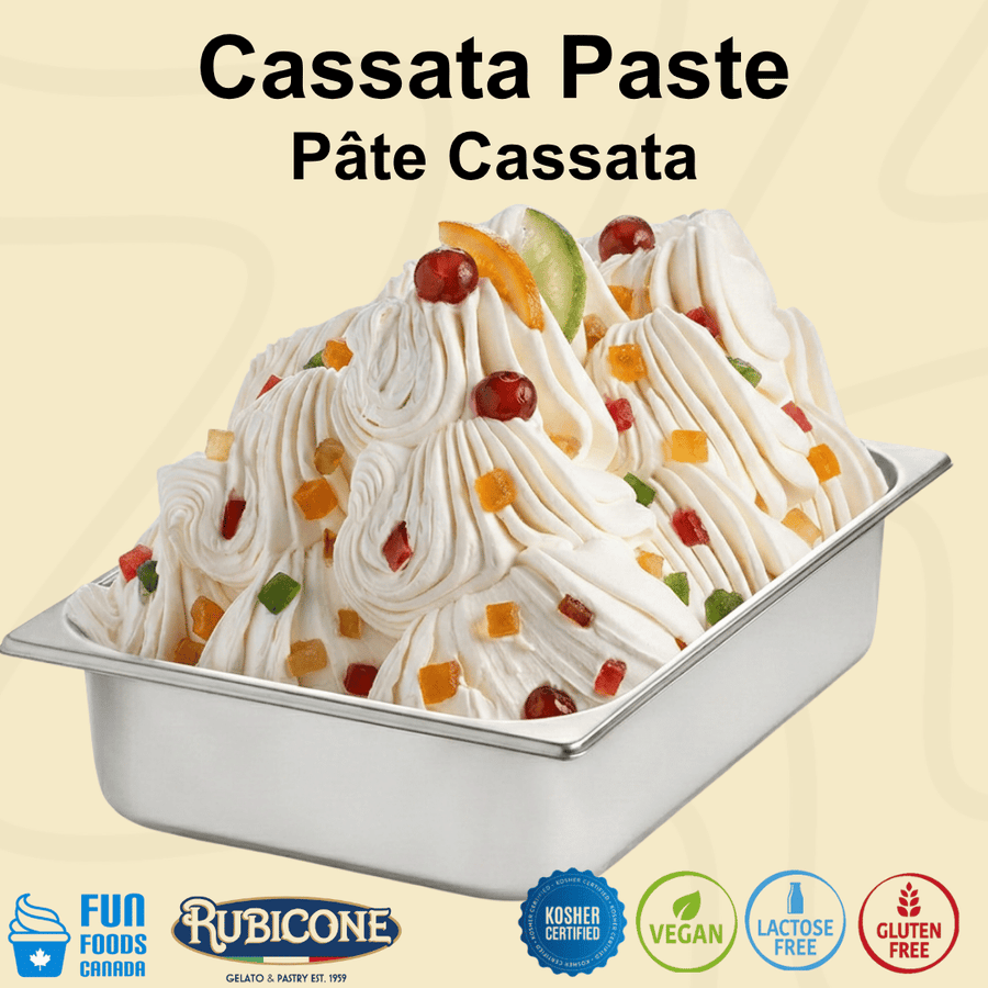 Cassata flavoured gelato made with Rubicone F017 Cassata paste in a stainless steel wide gelato pan on a light beige background with Rubicone and Fun Foods Canada branding. Certification badges can also be seen along the bottom reading: Kosher Certified, Vegan, Lactose-free, and Gluten-free.