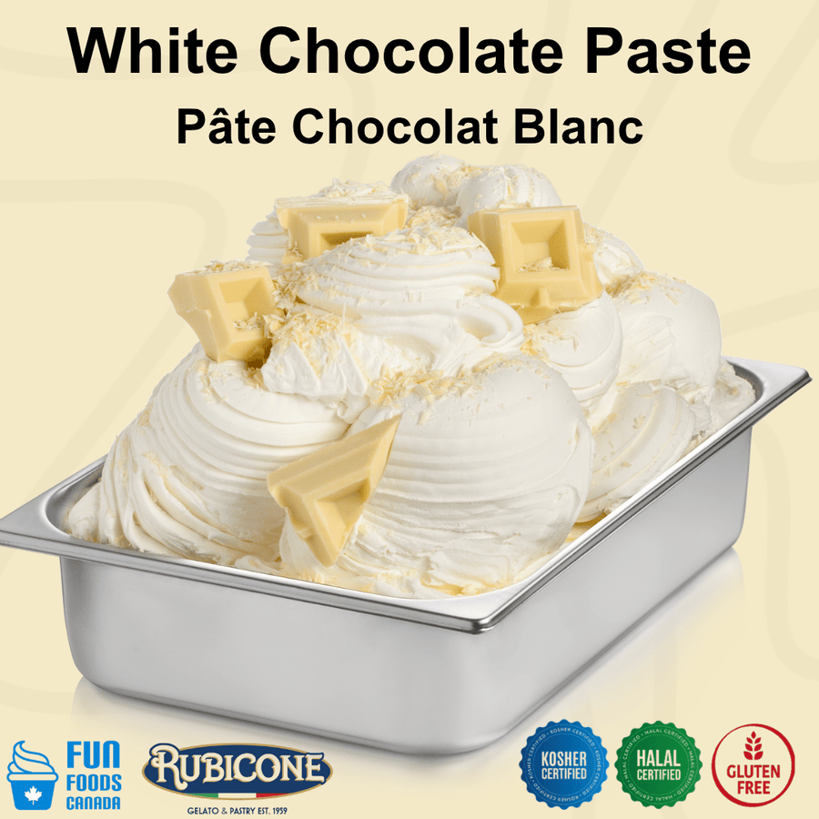Rubicone White Chocolate Paste for authentic Italian gelato, shown as rich, creamy white chocolate gelato topped with chunky white chocolate pieces. 