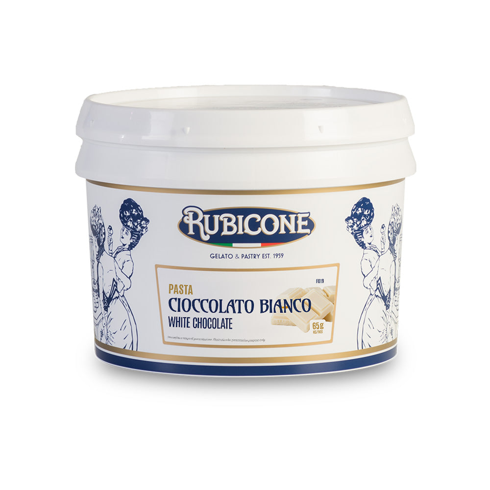 3 KG bucket of Rubicone white chocolate classic gelato paste on a white background