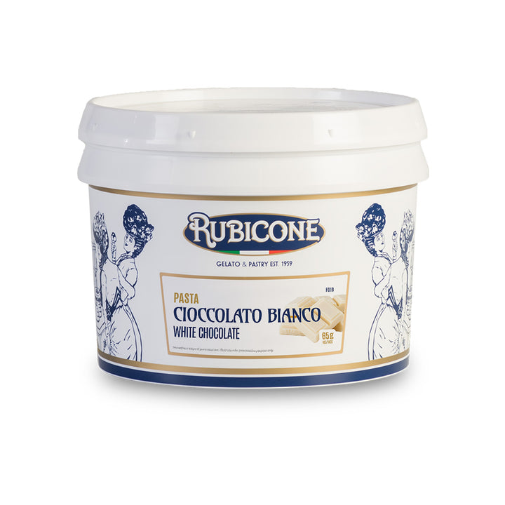 3 KG bucket of Rubicone white chocolate classic gelato paste on a white background
