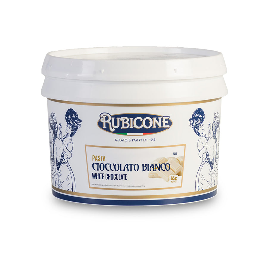 3 KG bucket of Rubicone white chocolate classic gelato paste on a white background