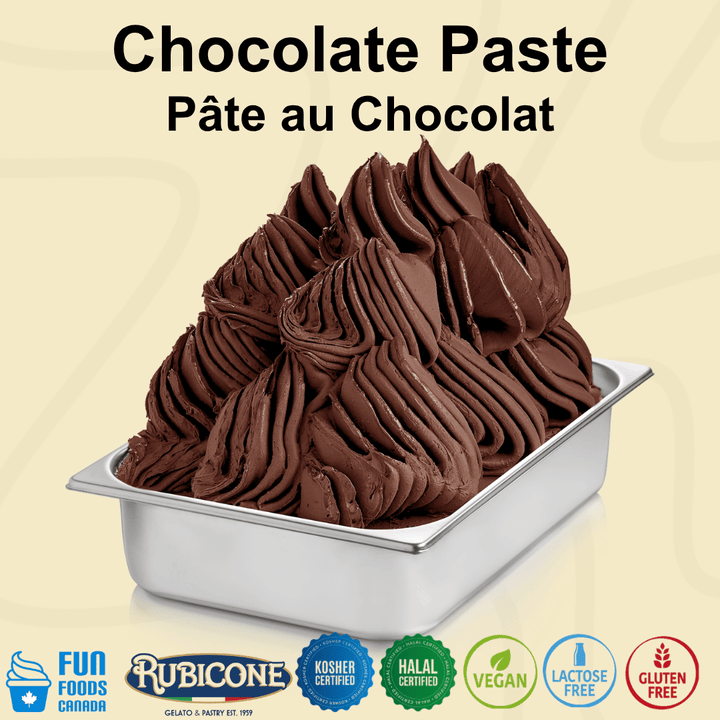 Chocolate gelato made with F023 Chocolate Gelato paste in a wide stainless steel gelato pan on a light beige background with Fun Foods Canada and Rubicone brand logos. Also seen on the bottom is certification badges reading Kosher Certified, Halal Certified, Vegan, Lactose-free, and Gluten-free.