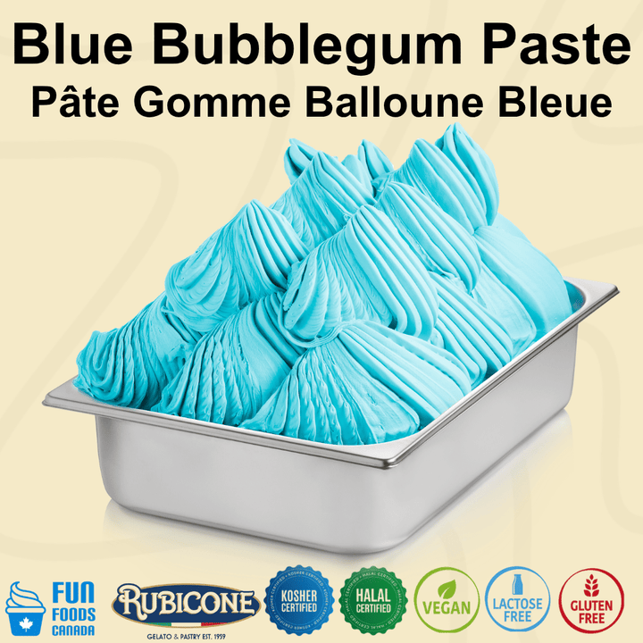 Blue Bubblegum Ice Cream Gelato in a metal gelato pan made with Rubicone F024 Blue bubblegum paste. Beige background with Fun Foods Canada and Rubicone branding, also with certification logos: Kosher Certified, Halal Certified, Vegan, Lactose-free, Gluten-free.