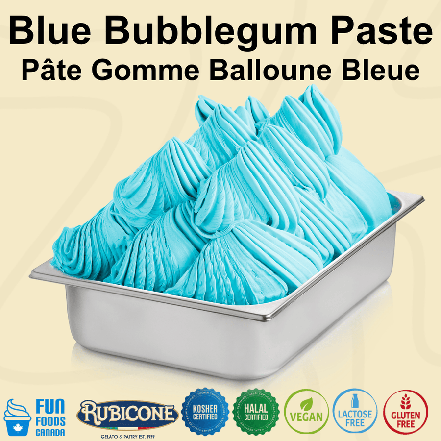 Blue Bubblegum Ice Cream Gelato in a metal gelato pan made with Rubicone F024 Blue bubblegum paste. Beige background with Fun Foods Canada and Rubicone branding, also with certification logos: Kosher Certified, Halal Certified, Vegan, Lactose-free, Gluten-free.
