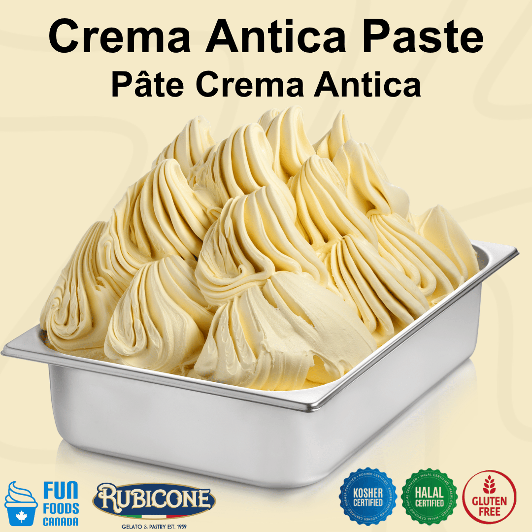Creama Antica Paste, also known as Italian Eggcream by Rubicone, shown in a wide stainless steel gelato pan. The image features the text 'Crema Antica Paste' and 'Pâte Crema Antica' at the top, along with Fun Foods Canada and Rubicone brand logos, and certification badges for kosher, halal, and gluten free at the bottom.