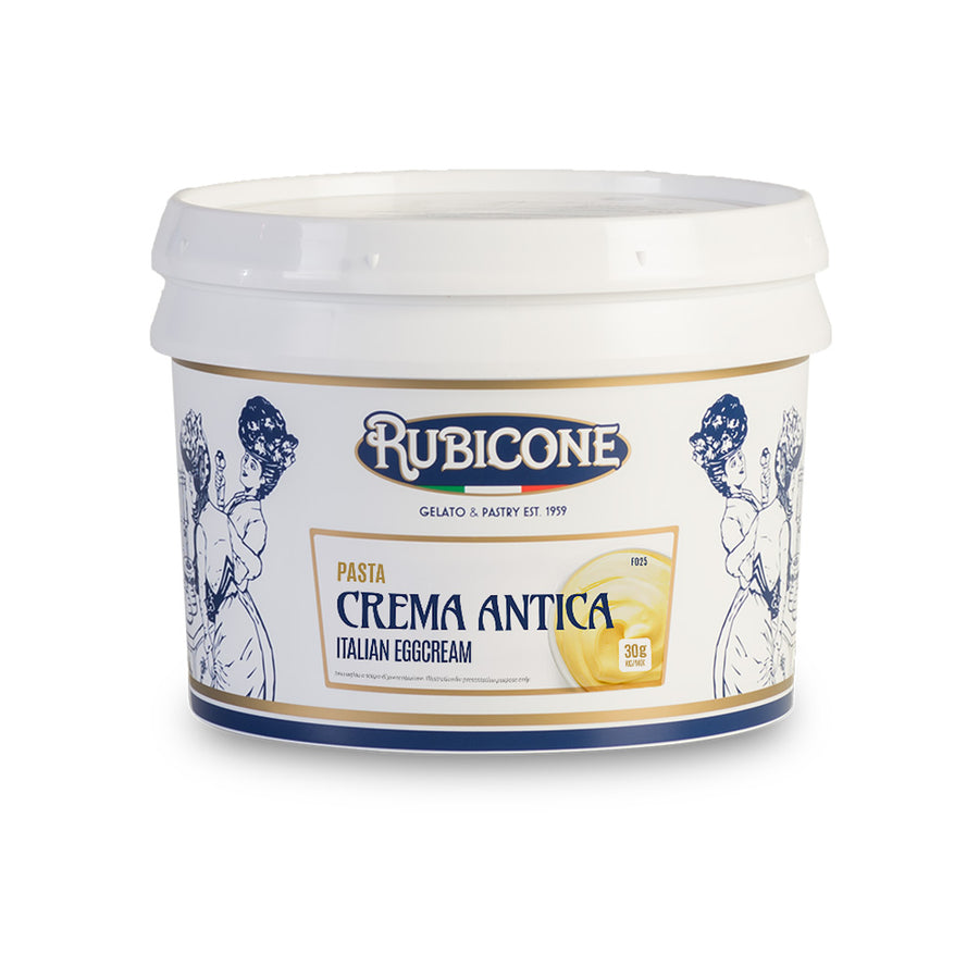 3 KG bucket of Rubicone Italian Eggcream classic gelato paste on a white background