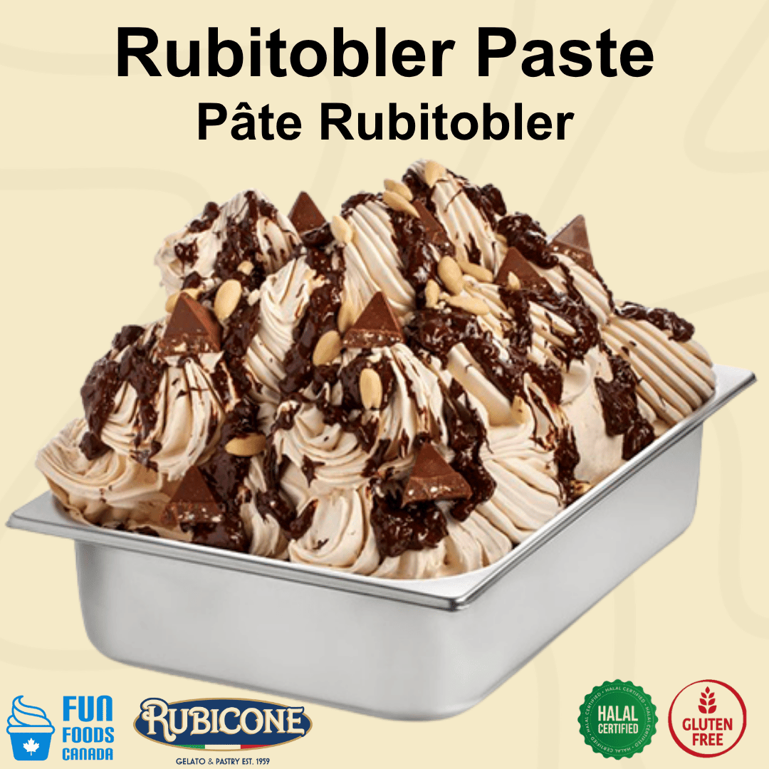 Rubitobler gelato ice cream in a wide gelato pan featuring Fun Foods Canada and Rubicone brand logos with dietary badges: Halal certified and gluten-free. 