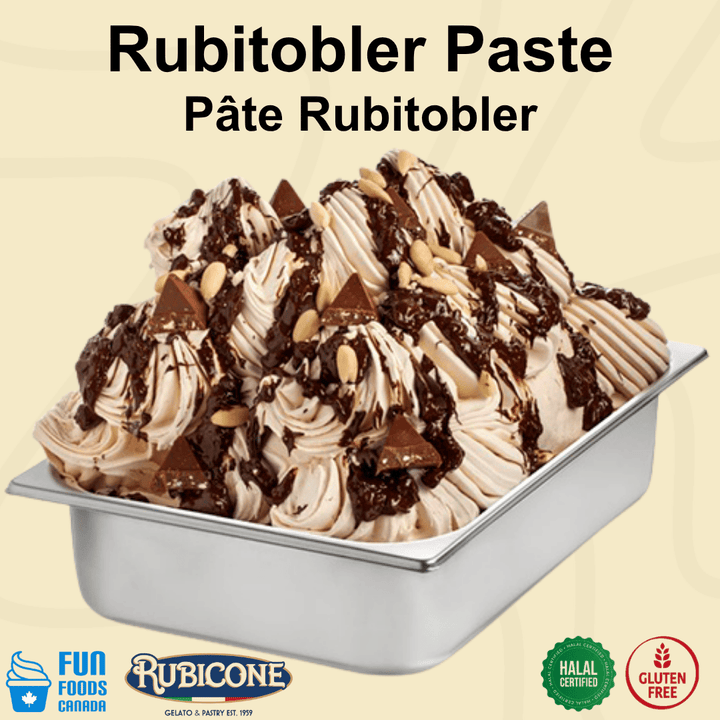 Rubitobler gelato ice cream in a wide gelato pan featuring Fun Foods Canada and Rubicone brand logos with dietary badges: Halal certified and gluten-free. 