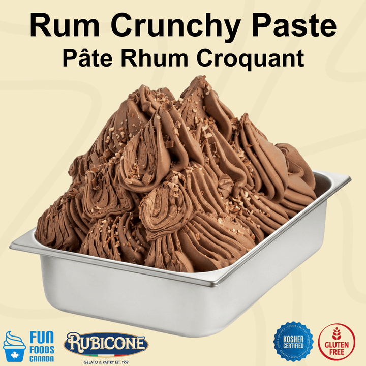 Crunchy rum gelato in a wide gelato pan featuring Fun Foods Canada and Rubicone brand logos and dietary badges: Kosher certified and gluten-free. 