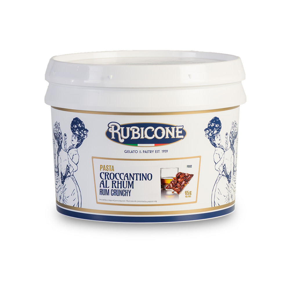 3 KG bucket of Rubicone Rum Crunchy classic gelato paste on a white background
