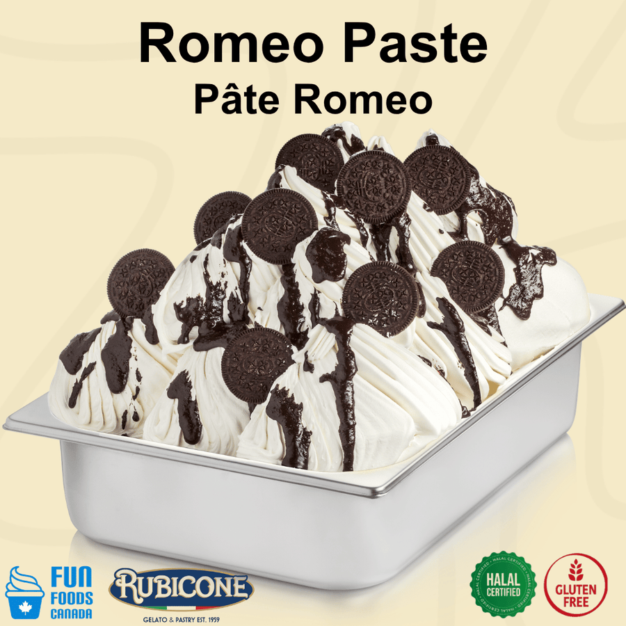 Romeo ice cream garnished with oreo cookies in a wide gelato pan featuring Fun Foods Canada and Rubicone brand logos and Halal and gluten-free dietary badges. 