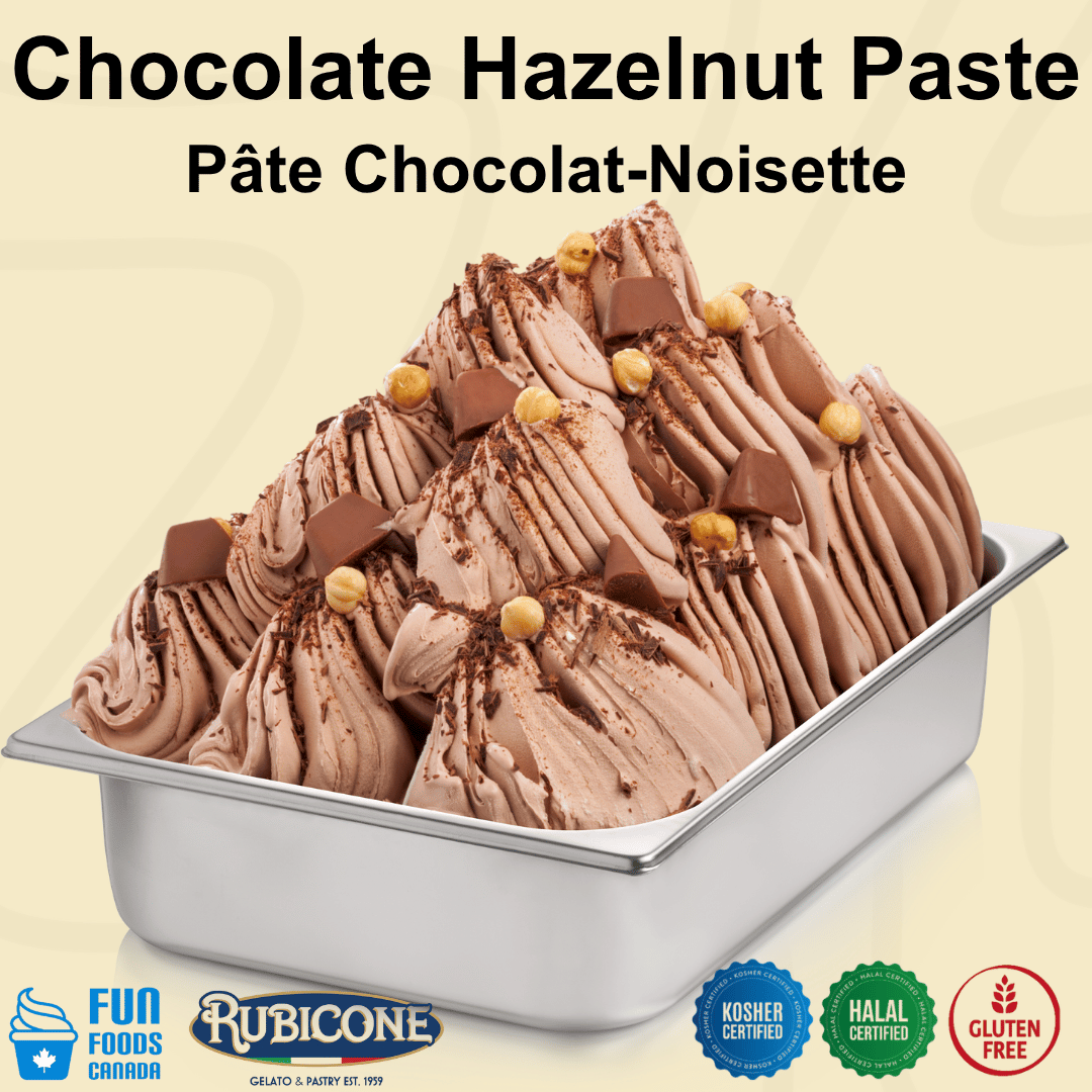 Chocolate hazelnut gelato in a wide stainless steel gelato pan with chocolate and hazelnut pieces on a light beige background with Rubicone and Fun Foods Canada branding. Certification badges can also be seen on the bottom reading: Kosher Certified, Halal Certified, and Gluten-free. 