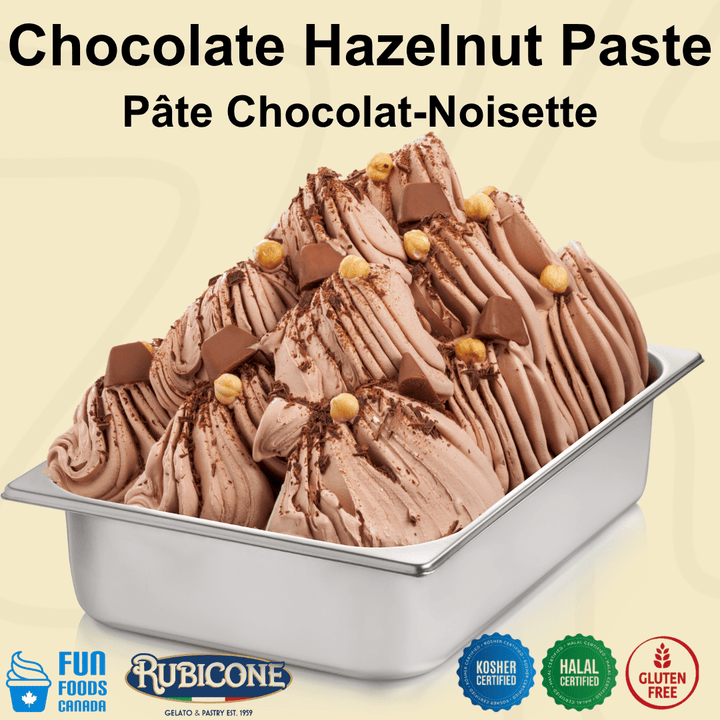 Chocolate hazelnut gelato in a wide stainless steel gelato pan with chocolate and hazelnut pieces on a light beige background with Rubicone and Fun Foods Canada branding. Certification badges can also be seen on the bottom reading: Kosher Certified, Halal Certified, and Gluten-free. 