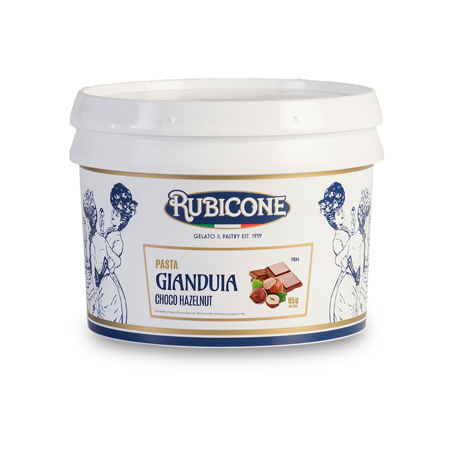 3 KG bucket of Rubicone Gianduia (Choco-Hazelnut) Classic Gelato Paste on a white background by Rubicone Canada