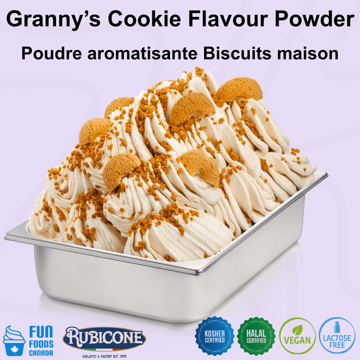 Rubicone Granny's Cookie Flavour Powder for authentic Italian gelato, shown as smooth, creamy cookie gelato topped with crunchy cookie crumbles and biscuit pieces in a display pan. Available in Canada from Fun Foods Canada.