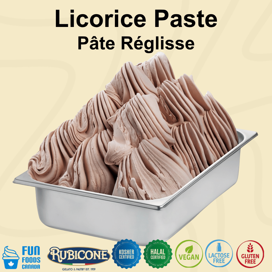 A gelato pan filled with licorice ice cream made with F039 Rubicone Licorice Paste on a light beige background with Fun Foods Canada and Rubicone brand logos. Also certification badges can be found reading: Kosher certified, halal certified, vegan, lactose-free, and gluten-free. 