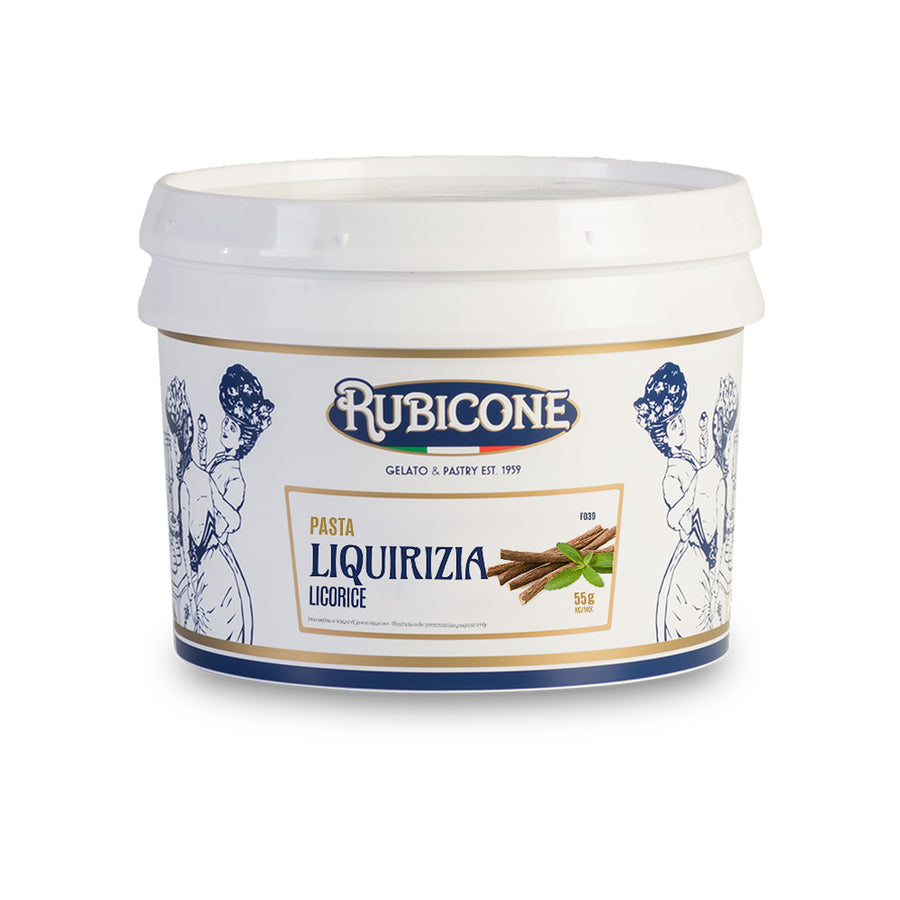 3 KG bucket of Rubicone Licorice classic gelato paste on a white background - Canadian distribution of Rubicone gelato and pastry products