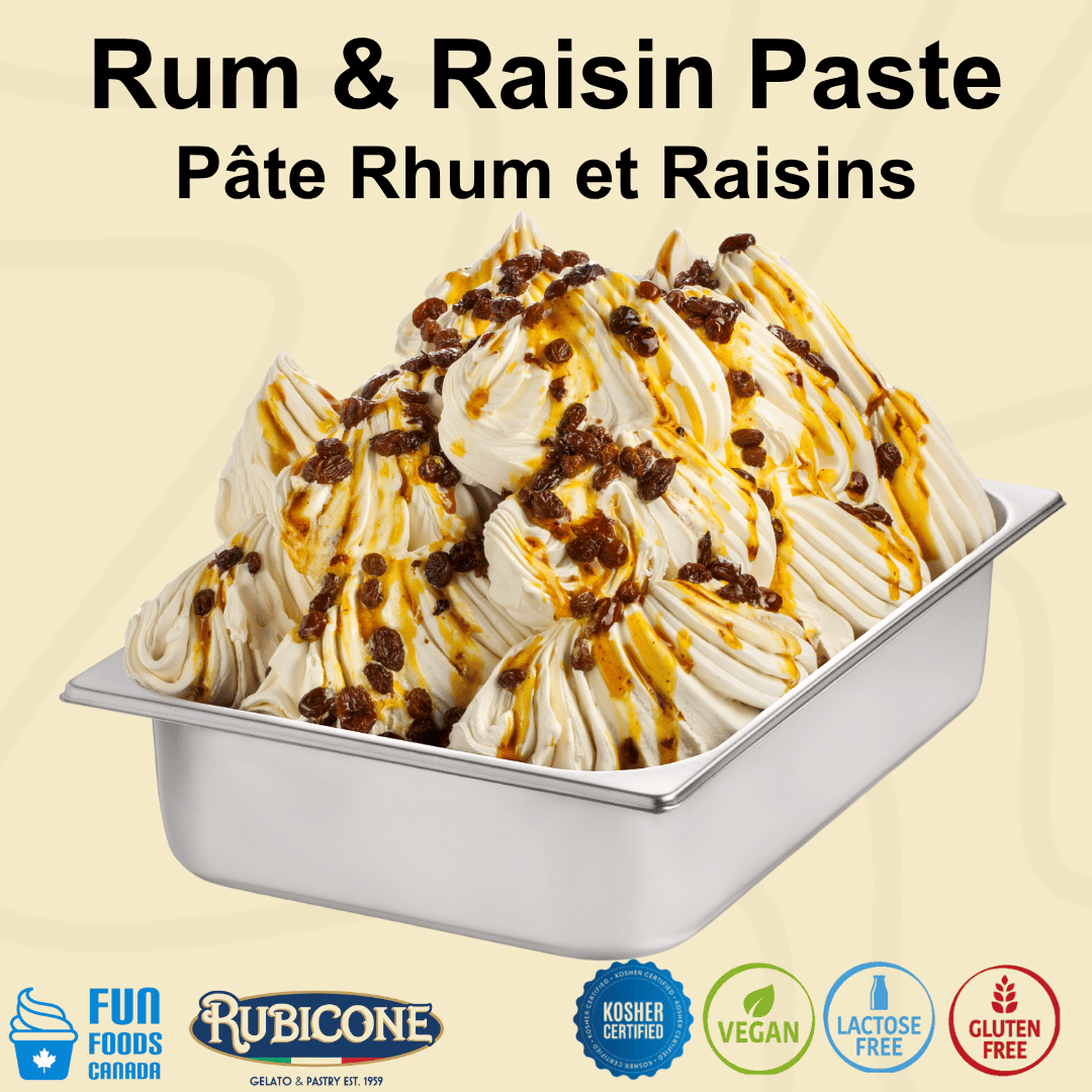 Rum and Raisin gelato ice cream in a wide gelato pan featuring Fun Foods Canada and Rubicone brand logos and dietary badges: Kosher certified, vegan, lactose-free, and gluten-free. 