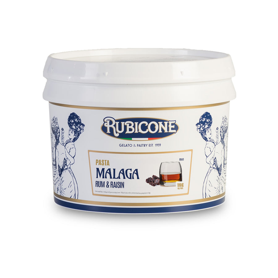 3 KG bucket of Rubicone Rum and Raisin (Malaga) Classic gelato paste on a white background