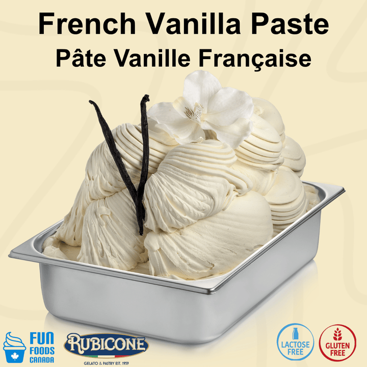 Rubicone Vanilla French Paste for authentic Italian gelato, shown as rich French vanilla gelato with Madagascar vanilla flavour and vanilla bean in a display pan.