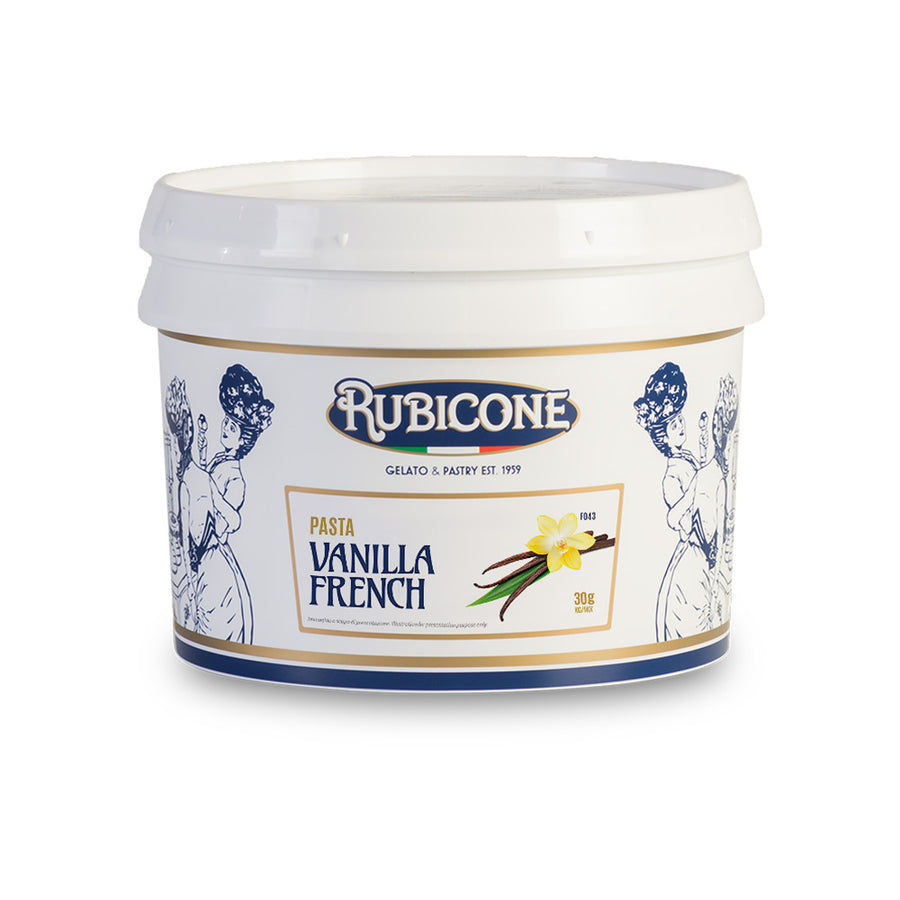 3 KG bucket of Rubicone French Vanilla classic gelato paste on a white background