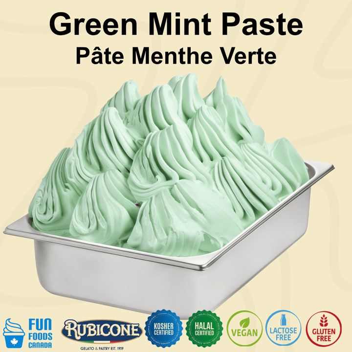 A metal tub filled with mint green ice cream made with F047 paste, with large text reading 'Green Mint Paste' and 'Pâte Menthe Verte' above it. Certification logos for Fun Foods Canada, Rubicone, Kosher Certified, Halal Certified, Vegan, Lactose Free, and Gluten Free appear along the bottom on a pale beige background.