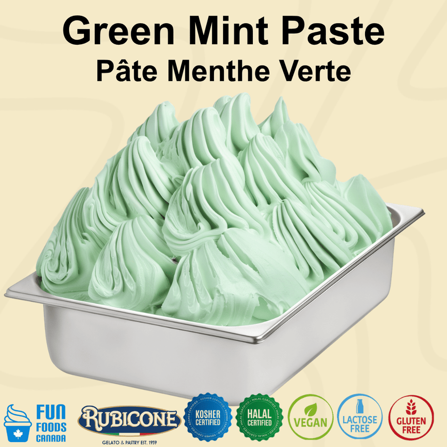A metal tub filled with mint green ice cream made with F047 paste, with large text reading 'Green Mint Paste' and 'Pâte Menthe Verte' above it. Certification logos for Fun Foods Canada, Rubicone, Kosher Certified, Halal Certified, Vegan, Lactose Free, and Gluten Free appear along the bottom on a pale beige background.