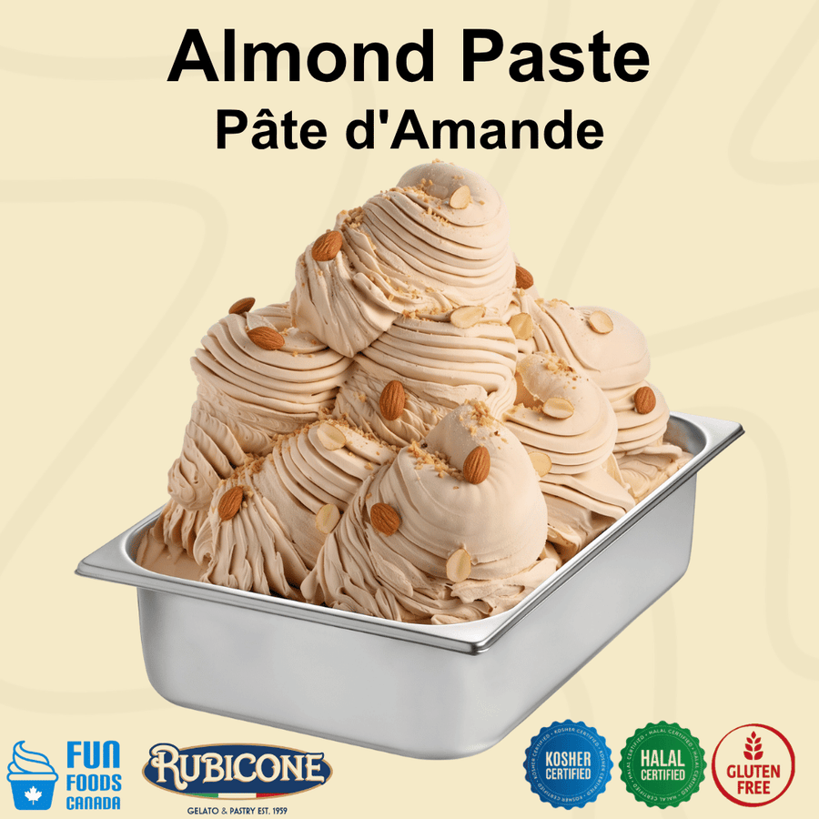 Almond paste gelato ice cream dessert in a metal container with Rubicone and Fun Foods Canada branding on a beige background with certification badges gluten-free, Halal certified, Kosher certified