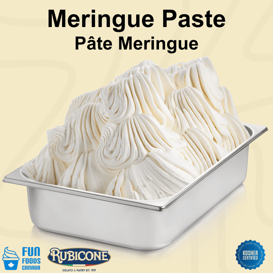 Meringue gelato in a wide gelato pan with Kosher certification and Fun Foods Canada and Rubicone brand logos. 