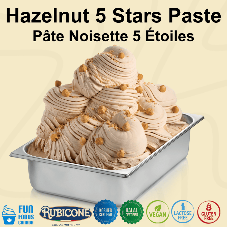 A metal tray filled with swirls of hazelnut ice cream topped with chopped hazelnuts, set against a pale beige background with large text reading 'Hazelnut 5 Stars Paste' and Fun Foods Canada and Rubicone brand logos. Also seen along the bottom are certification badges reading: Kosher certified, Halal certified, vegan, lactose-free, and gluten-free. 