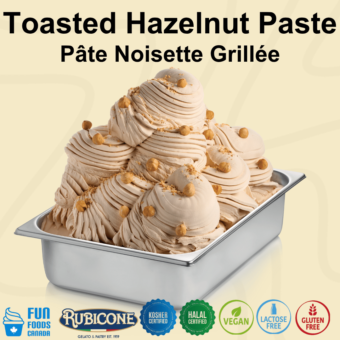 Toasted hazelnut gelato in a wide gelato pan with Fun Foods Canada and Rubicone brand logos and certification badges reading: Kosher certified, halal certified, vegan, lactose-free, and gluten-free. 