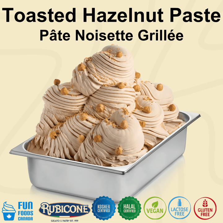 Toasted hazelnut gelato in a wide gelato pan with Fun Foods Canada and Rubicone brand logos and certification badges reading: Kosher certified, halal certified, vegan, lactose-free, and gluten-free. 