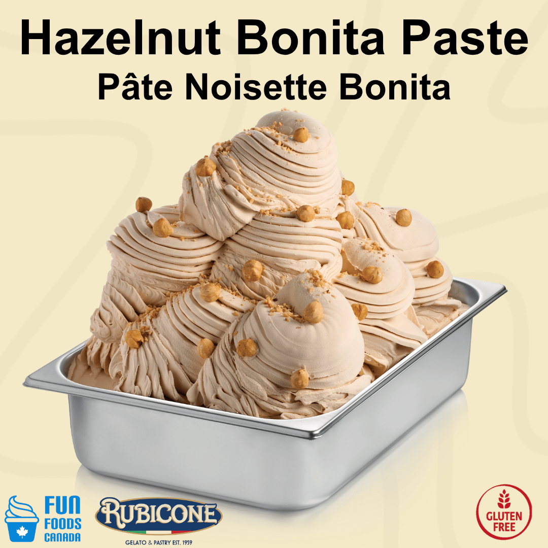 A metal tub filled with swirls of hazelnut bonita ice cream topped with chopped nuts, on a pale beige background with the text 'Hazelnut Bonita Paste Pâte Noisette Bonita' at the top and Rubicone / Fun Foods Canada logos and gluten-free badge at the bottom. 