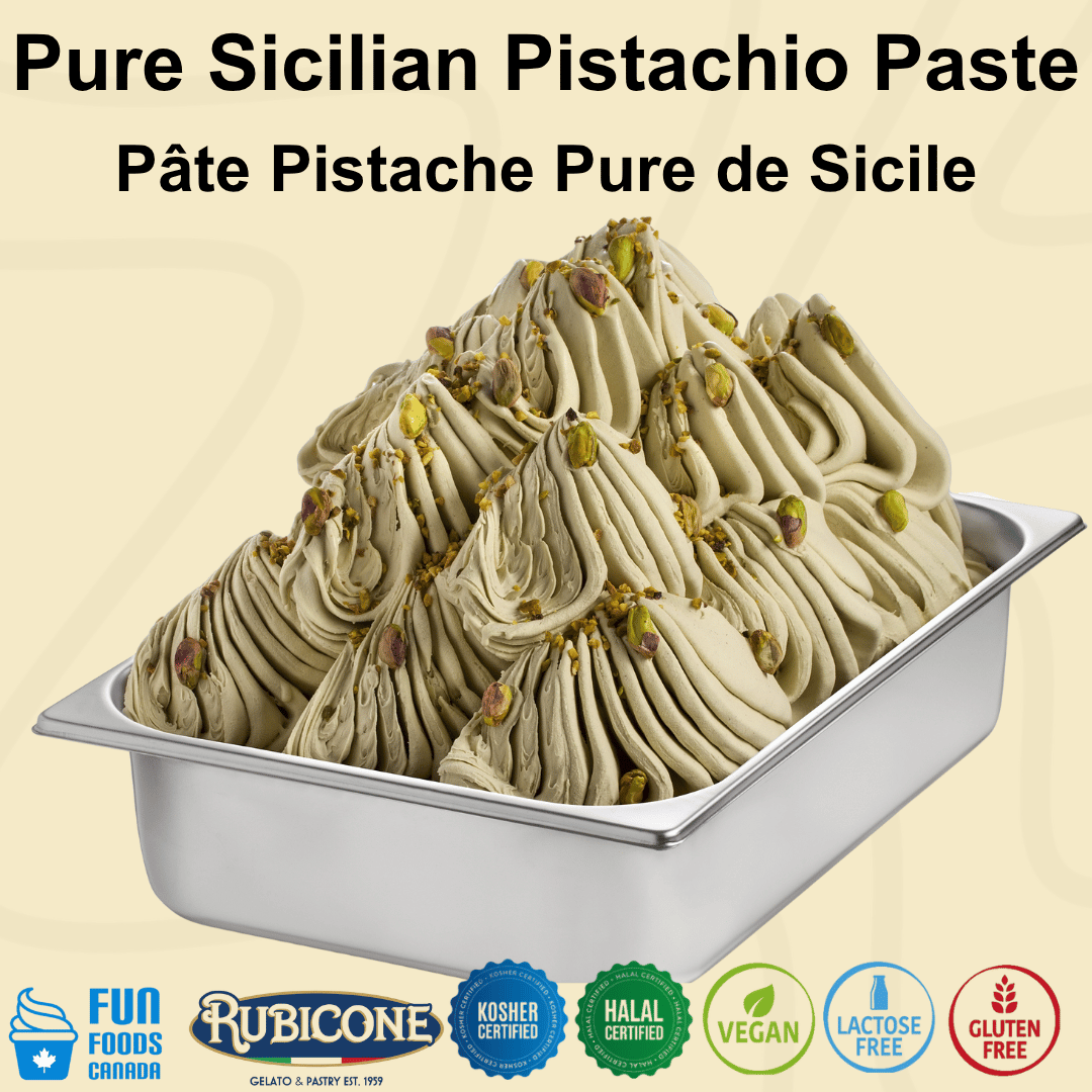 Pistachio gelato in a pan with Fun Foods Canada and Rubicone brand logos and certification badges kosher certified, halal certified, vegan, lactose-free, and gluten-free. 