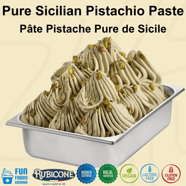 Pistachio gelato in a pan with Fun Foods Canada and Rubicone brand logos and certification badges kosher certified, halal certified, vegan, lactose-free, and gluten-free. 