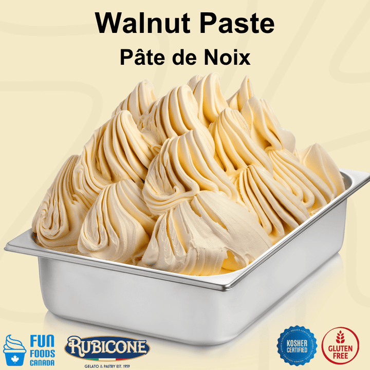 Rubicone Walnut Paste for authentic Italian gelato, shown as creamy and smooth walnut gelato in a display pan.