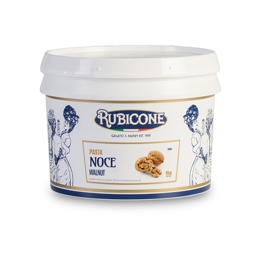 3 KG bucket of Rubicone walnut classic gelato paste on a white background - Canadian distributor of Rubicone gelato and pastry products