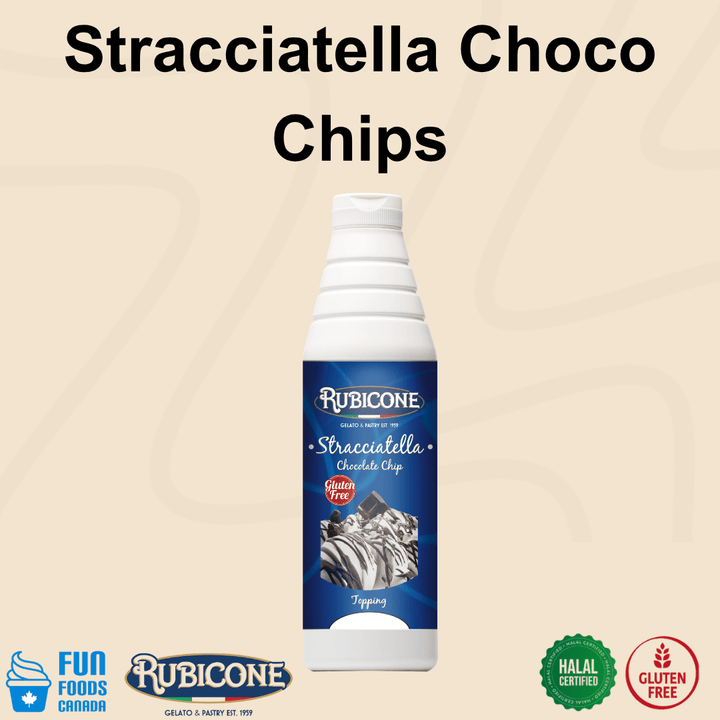 Rubicone Stracciatella Choco Chips Topping, a chocolate chip sauce for topping gelato, ice cream and desserts. Halal and Gluten-Free certified.
