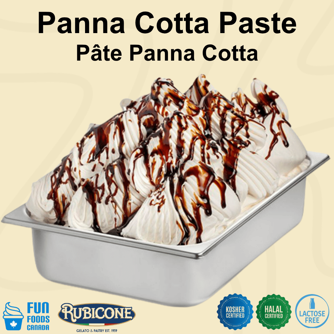 Panna Cotta ice cream gelato in a wide stainless steel gelato pan with Fun Foods Canada and Rubicone brand logos and certification badges: Kosher certified, Halal Certified, and lactose-free. 